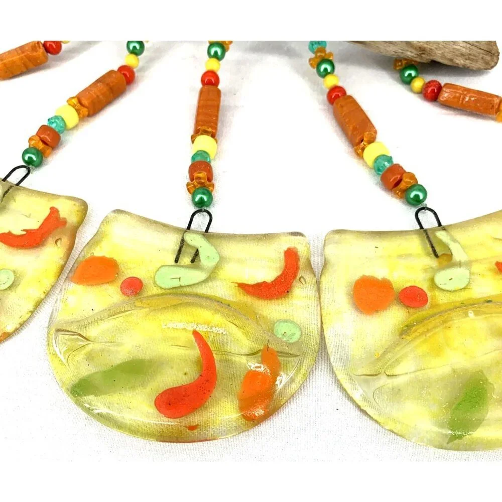 Fused Glass Wind Chime Driftwood Handcrafted Yellow Orange Yard Porch Decor 14
